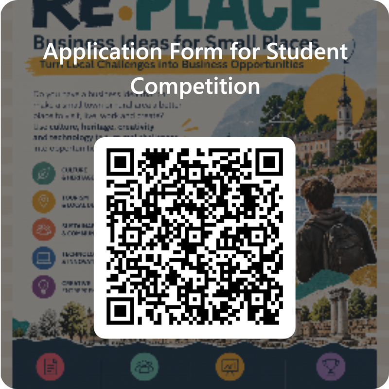 QR code linking to the online application form for the RE:PLACE student competition for business ideas in small places